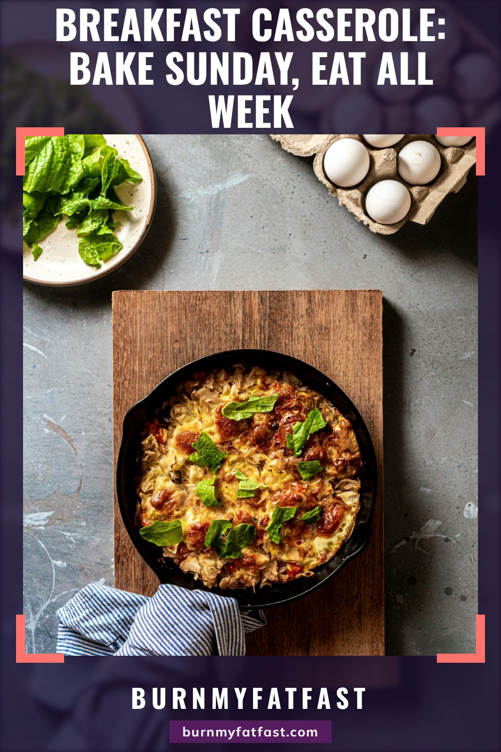 Breakfast Casserole: Bake Sunday, Eat All Week over a photo of a baked egg and shredded potato casserole in a cast iron pan